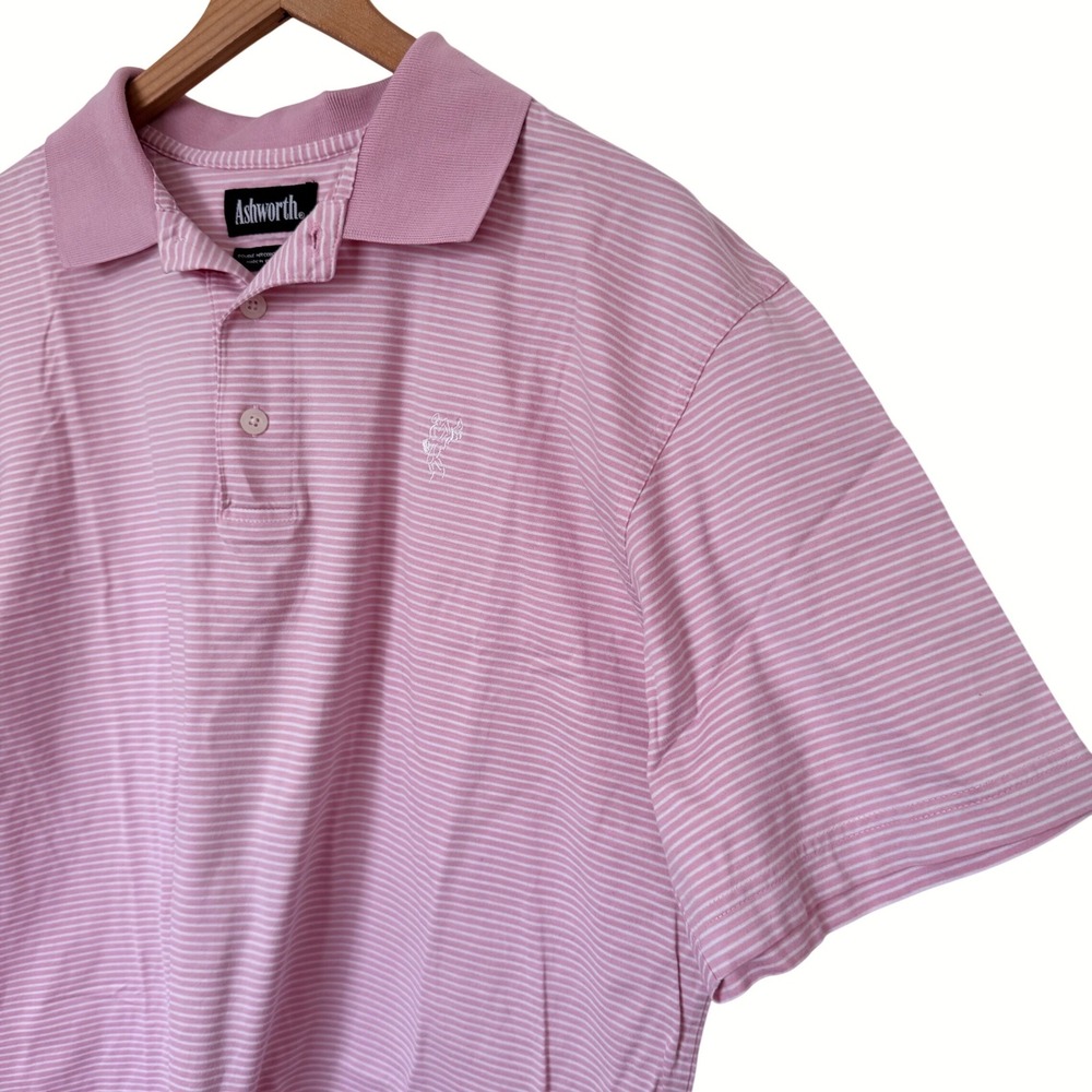 Ashworth‎ Polo Shirt Mens Medium Pink White Stripe Mercerized Cotton Golf Logo
